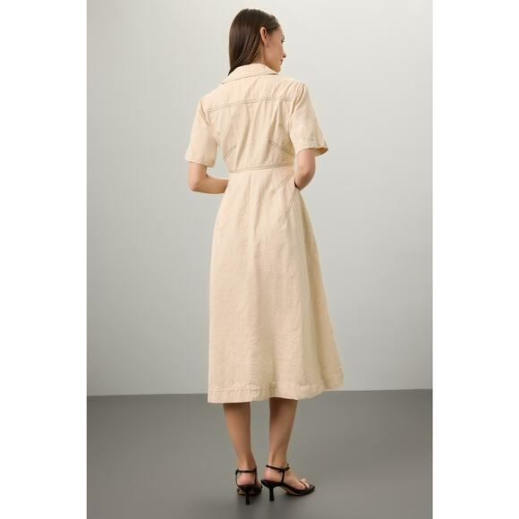 ROSETTA GETTY x RTR Beige Twill Collared Short Sleeve Bone Stitching Dress 0 - Picture 2 of 14